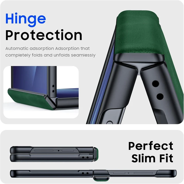Alt view image 6 of 7 - Case for Galaxy Z Flip 7 with Hinge Protection & Screen Protector, Ultra-Thin Slim Matte PU Leather PC Shockproof Cover, Scratch-Resistant Bumper Protective Case for Samsung Z Flip 7 - Black Green