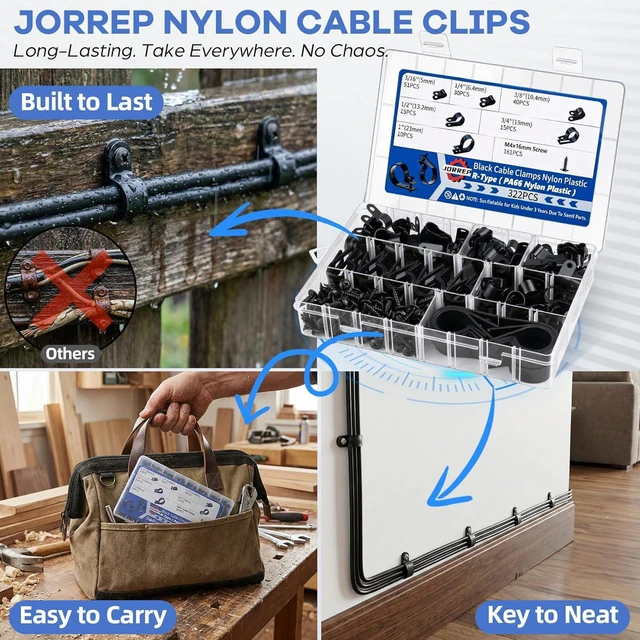 Alt view image 4 of 7 - 322PCS R-Type Cable Clips Kit, 6 Sizes (3/16'' to 1'') PA66 Nylon Wire Management Clamps with Screws, for Office Garage Yard Auto Wiring Setup, Easy to Install