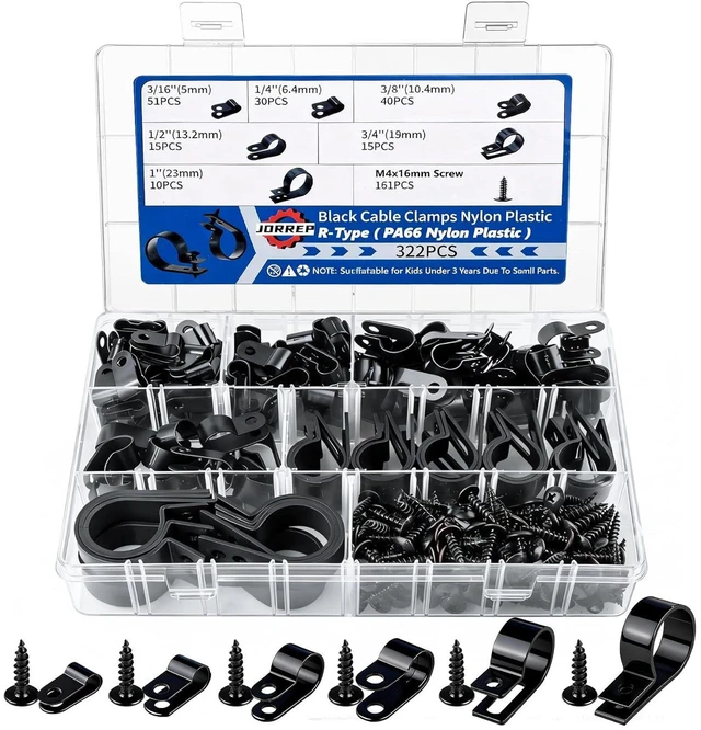 Main image of 322PCS R-Type Cable Clips Kit, 6 Sizes (3/16'' to 1'') PA66 Nylon Wire Management Clamps with Screws, for Office Garage Yard Auto Wiring Setup, Easy to Install