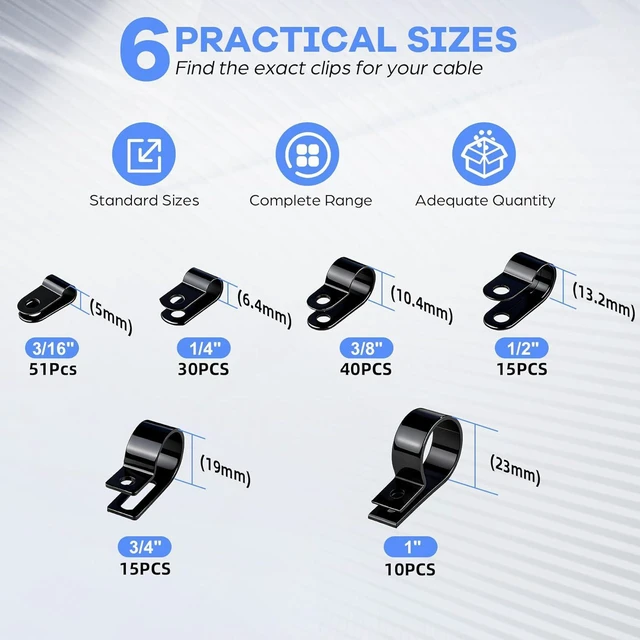 Alt view image 3 of 7 - 322PCS R-Type Cable Clips Kit, 6 Sizes (3/16'' to 1'') PA66 Nylon Wire Management Clamps with Screws, for Office Garage Yard Auto Wiring Setup, Easy to Install