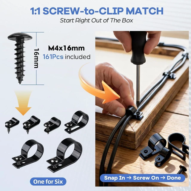 Alt view image 5 of 7 - 322PCS R-Type Cable Clips Kit, 6 Sizes (3/16'' to 1'') PA66 Nylon Wire Management Clamps with Screws, for Office Garage Yard Auto Wiring Setup, Easy to Install