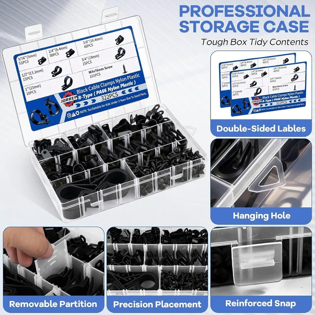Alt view image 2 of 7 - 322PCS R-Type Cable Clips Kit, 6 Sizes (3/16'' to 1'') PA66 Nylon Wire Management Clamps with Screws, for Office Garage Yard Auto Wiring Setup, Easy to Install
