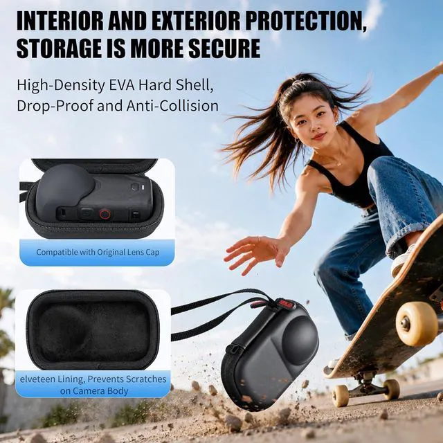 Alt view image 6 of 7 - Hard Shell Carrying Case for Insta360 X6 with Original Lens Cap, Portable Protective Storage Bag Travel Organizer with Wrist Strap & Carabiner