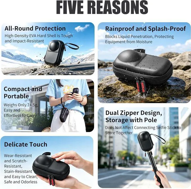 Alt view image 4 of 7 - Hard Shell Carrying Case for Insta360 X6 with Original Lens Cap, Portable Protective Storage Bag Travel Organizer with Wrist Strap & Carabiner