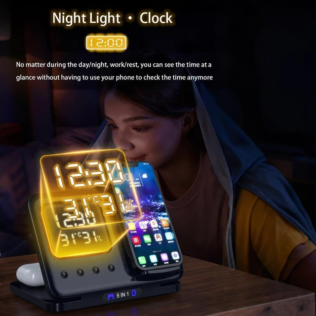 Alt view image 4 of 7 - 3 in 1 Foldable Wireless Charger Charging Station with Clock, Charger for iPhone 18 17 16 15 14 Pro Max 13 / Apple Watch 9 8 7 6 5 4 3 SE / Airpods 3 2 Pro