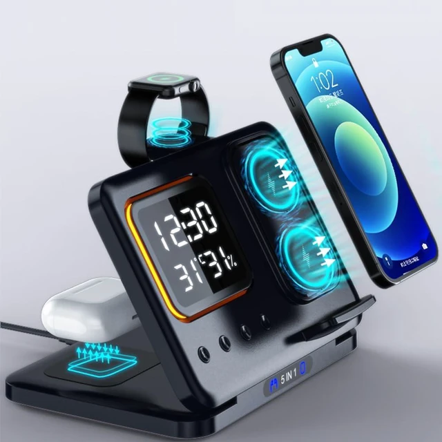 Alt view image 2 of 7 - 3 in 1 Foldable Wireless Charger Charging Station with Clock, Charger for iPhone 18 17 16 15 14 Pro Max 13 / Apple Watch 9 8 7 6 5 4 3 SE / Airpods 3 2 Pro