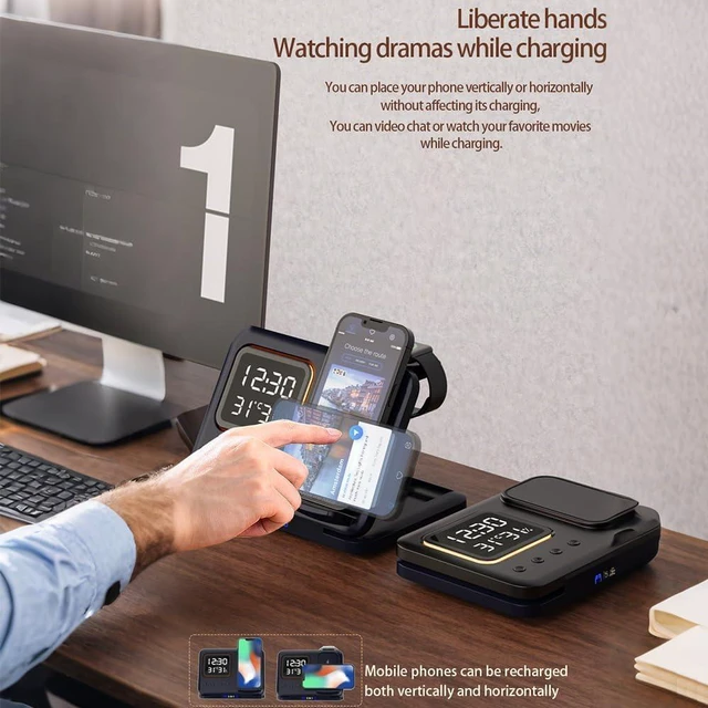 Alt view image 3 of 7 - 3 in 1 Foldable Wireless Charger Charging Station with Clock, Charger for iPhone 18 17 16 15 14 Pro Max 13 / Apple Watch 9 8 7 6 5 4 3 SE / Airpods 3 2 Pro