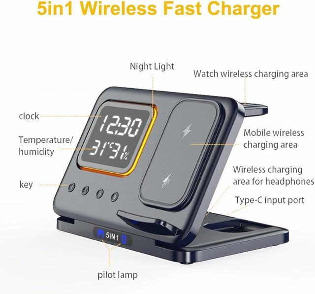 Alt view image 6 of 7 - 3 in 1 Foldable Wireless Charger Charging Station with Clock, Charger for iPhone 18 17 16 15 14 Pro Max 13 / Apple Watch 9 8 7 6 5 4 3 SE / Airpods 3 2 Pro