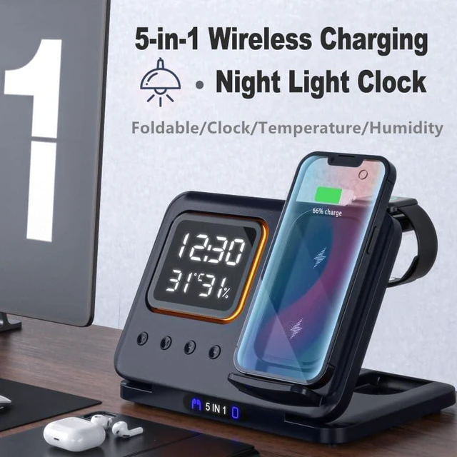 Alt view image 7 of 7 - 3 in 1 Foldable Wireless Charger Charging Station with Clock, Charger for iPhone 18 17 16 15 14 Pro Max 13 / Apple Watch 9 8 7 6 5 4 3 SE / Airpods 3 2 Pro