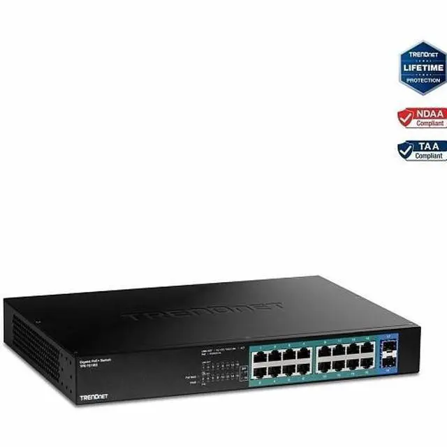 Alt view image 9 of 10 - TRENDnet 18-Port Gigabit PoE+ Switch, 16 x 30W PoE+  Ports, 2 Gigabit SFP Slots, 240W PoE Budget, 36Gbps  Switching Capacity, 1U 19 Rack Mountable, Lifetime  Protection, Black, TPE-TG182