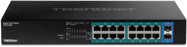 Alt view image 8 of 10 - TRENDnet 18-Port Gigabit PoE+ Switch, 16 x 30W PoE+  Ports, 2 Gigabit SFP Slots, 240W PoE Budget, 36Gbps  Switching Capacity, 1U 19 Rack Mountable, Lifetime  Protection, Black, TPE-TG182