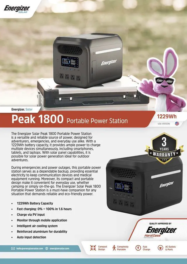 Alt view image 5 of 6 - Energizer Solar Peak 1800 Portable Power Station, 1229Wh LiFePO4, Dual Power Cords, for Camping & Emergency