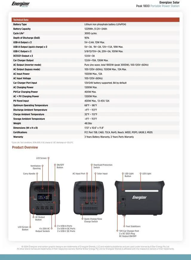 Alt view image 6 of 6 - Energizer Solar Peak 1800 Portable Power Station, 1229Wh LiFePO4, Dual Power Cords, for Camping & Emergency
