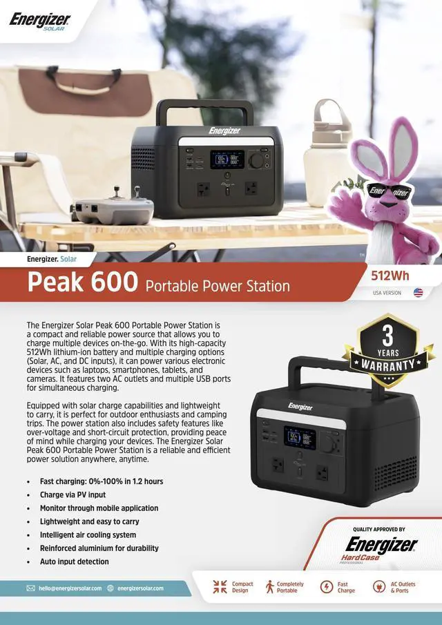 Alt view image 5 of 6 - Energizer Solar Peak 600 Portable Power Station, 512Wh LiFePO4 Battery, Solar Rechargeable, for Outdoor, Camping, Emergency