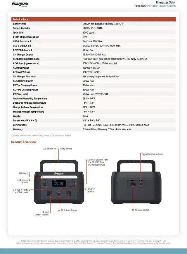 Alt view image 6 of 6 - Energizer Solar Peak 600 Portable Power Station, 512Wh LiFePO4 Battery, Solar Rechargeable, for Outdoor, Camping, Emergency
