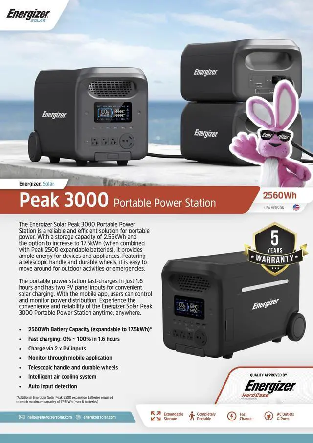 Alt view image 5 of 6 - Energizer Solar Peak 3000 Portable Power Station, 2560Wh LiFePO4 Battery, Solar Rechargeable, Expandable Parallel Version, for Home Backup, RV/Camping, and Emergency