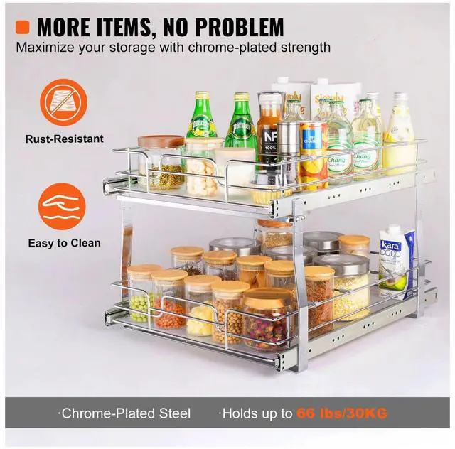 Alt view image 4 of 7 - 2 Tier 20"W x 21"D Pull Out Cabinet Organizer, Heavy Duty Slide Out Pantry Shelves, -Plated Steel Roll Out Drawers, Sliding Drawer Storage for Inside Kitchen Cabinet, Under Sink 20W×21D×15H inches