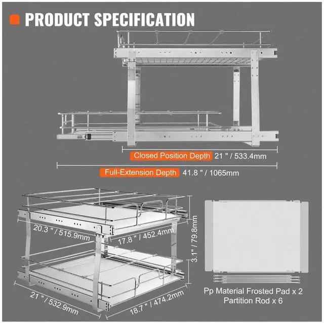Alt view image 7 of 7 - 2 Tier 20"W x 21"D Pull Out Cabinet Organizer, Heavy Duty Slide Out Pantry Shelves, -Plated Steel Roll Out Drawers, Sliding Drawer Storage for Inside Kitchen Cabinet, Under Sink 20W×21D×15H inches