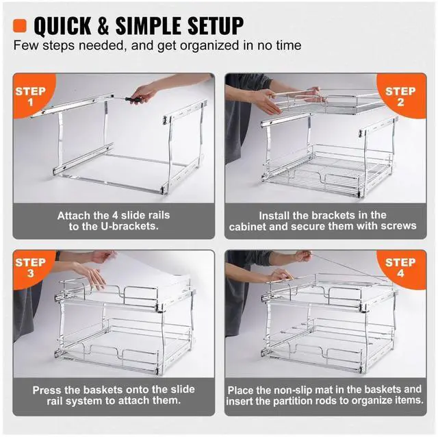 Alt view image 5 of 7 - 2 Tier 20"W x 21"D Pull Out Cabinet Organizer, Heavy Duty Slide Out Pantry Shelves, -Plated Steel Roll Out Drawers, Sliding Drawer Storage for Inside Kitchen Cabinet, Under Sink 20W×21D×15H inches