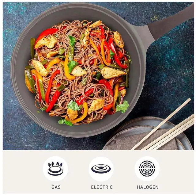 Alt view image 4 of 6 - Eela 12'' Non Stick Chef's Wok with Glass Lid, Stir Fry Pan and POFA-Free Ceramic Coating for Cooking Saute Vegetables, Meat, Fish, 12 inch, Deep Blue (Handle assemble required)