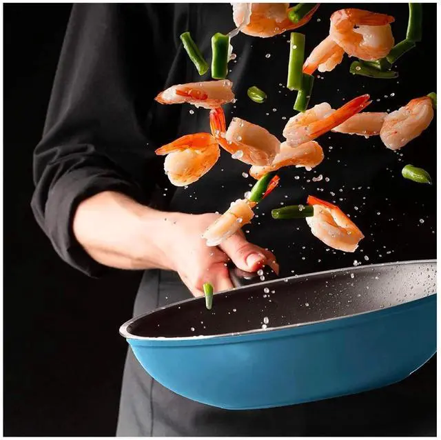 Alt view image 6 of 6 - Eela 12'' Non Stick Chef's Wok with Glass Lid, Stir Fry Pan and POFA-Free Ceramic Coating for Cooking Saute Vegetables, Meat, Fish, 12 inch, Deep Blue (Handle assemble required)