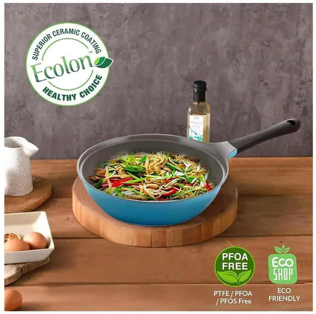 Alt view image 3 of 6 - Eela 12'' Non Stick Chef's Wok with Glass Lid, Stir Fry Pan and POFA-Free Ceramic Coating for Cooking Saute Vegetables, Meat, Fish, 12 inch, Deep Blue (Handle assemble required)