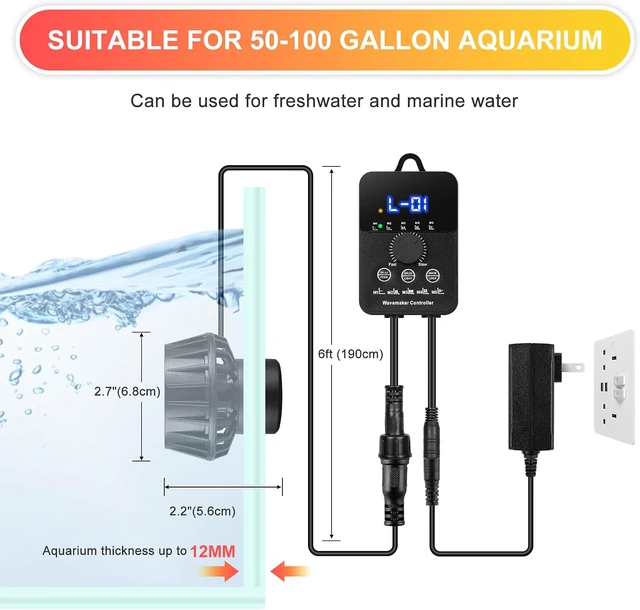 Alt view image 2 of 6 - 2100GPH Aquarium Wave Maker with Controller Mini DC 24V 12W with Magnetic Mounting, Wavemaker with LED Display for 50 to 100 Gallon Tank