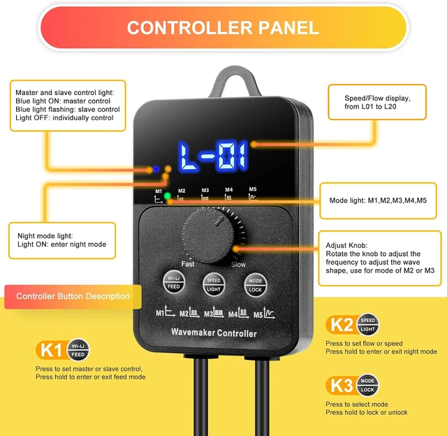 Alt view image 3 of 6 - 2100GPH Aquarium Wave Maker with Controller Mini DC 24V 12W with Magnetic Mounting, Wavemaker with LED Display for 50 to 100 Gallon Tank