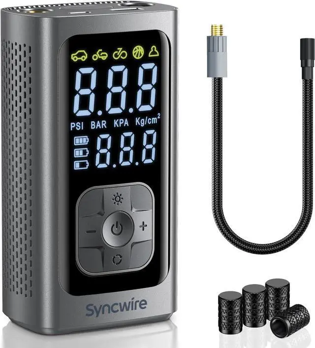 Main image of Tire Inflator Portable Air Compressor - 150PSI 2X Faster Inflation Smart Pump for Car Tires [Extra-Large LCD] with Digital Pressure Gauge, Auto Shut-Off Car, Motorcycle, Bike & Balls  Silver