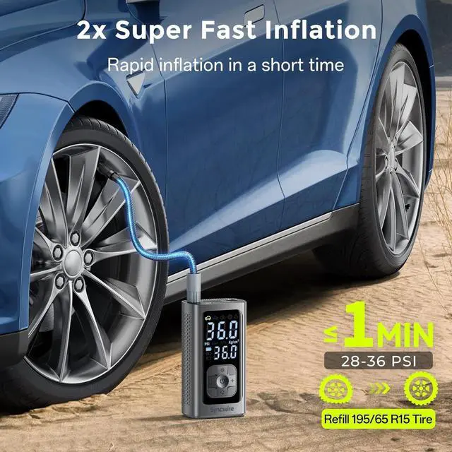 Alt view image 2 of 7 - Tire Inflator Portable Air Compressor - 150PSI 2X Faster Inflation Smart Pump for Car Tires [Extra-Large LCD] with Digital Pressure Gauge, Auto Shut-Off Car, Motorcycle, Bike & Balls  Silver