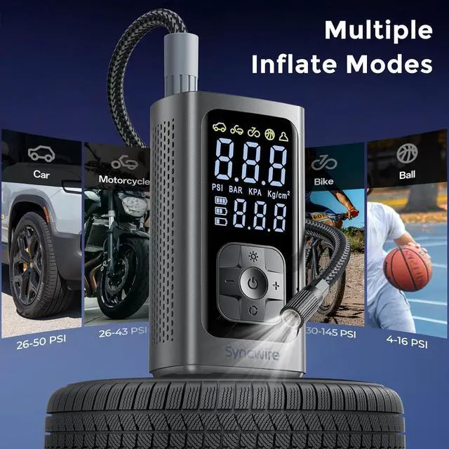 Alt view image 4 of 7 - Tire Inflator Portable Air Compressor - 150PSI 2X Faster Inflation Smart Pump for Car Tires [Extra-Large LCD] with Digital Pressure Gauge, Auto Shut-Off Car, Motorcycle, Bike & Balls  Silver