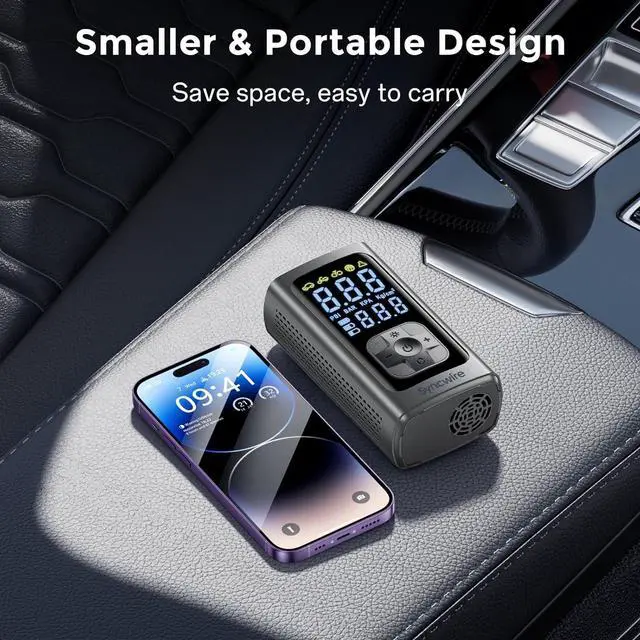 Alt view image 6 of 7 - Tire Inflator Portable Air Compressor - 150PSI 2X Faster Inflation Smart Pump for Car Tires [Extra-Large LCD] with Digital Pressure Gauge, Auto Shut-Off Car, Motorcycle, Bike & Balls  Silver