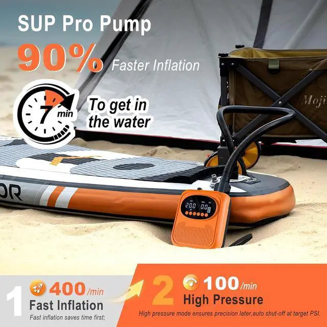 Alt view image 2 of 7 - 20PSI Electric Paddle Board Pump, Smart Rechargeable SUP Pump with DC 12V Car Connector, Inflation and Deflation Air Auto-Off for SUP, Kayaks, Tents, Mattress, Pool Floats, Inflatables Orange -
