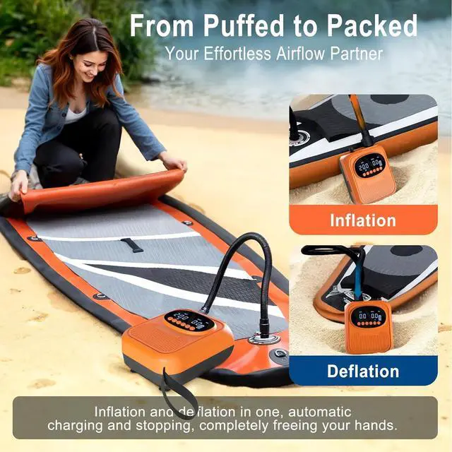Alt view image 4 of 7 - 20PSI Electric Paddle Board Pump, Smart Rechargeable SUP Pump with DC 12V Car Connector, Inflation and Deflation Air Auto-Off for SUP, Kayaks, Tents, Mattress, Pool Floats, Inflatables Orange -