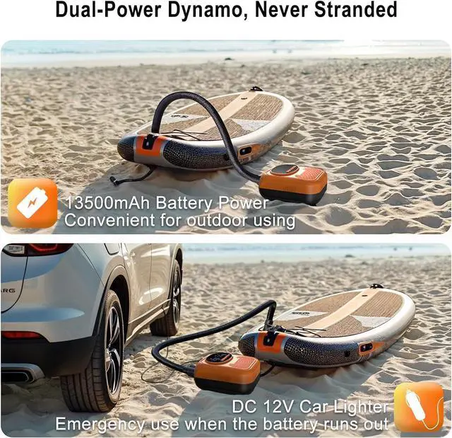 Alt view image 5 of 7 - 20PSI Electric Paddle Board Pump, Smart Rechargeable SUP Pump with DC 12V Car Connector, Inflation and Deflation Air Auto-Off for SUP, Kayaks, Tents, Mattress, Pool Floats, Inflatables Orange -