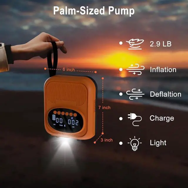 Alt view image 7 of 7 - 20PSI Electric Paddle Board Pump, Smart Rechargeable SUP Pump with DC 12V Car Connector, Inflation and Deflation Air Auto-Off for SUP, Kayaks, Tents, Mattress, Pool Floats, Inflatables Orange -