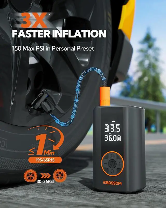 Alt view image 2 of 7 - Tire Inflator Portable Air Compressor, Mini Cordless Pump 3X Fast Inflation with Pressure Gauge, 150 PSI Rechargeable LED Light for Car Motorcycle Bikes Balls Swim Ring -