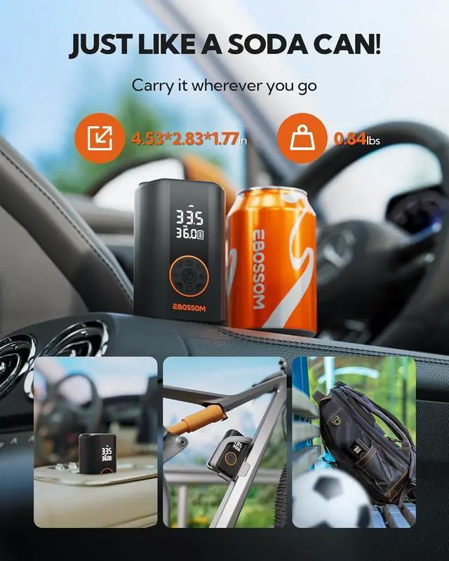 Alt view image 3 of 7 - Tire Inflator Portable Air Compressor, Mini Cordless Pump 3X Fast Inflation with Pressure Gauge, 150 PSI Rechargeable LED Light for Car Motorcycle Bikes Balls Swim Ring -