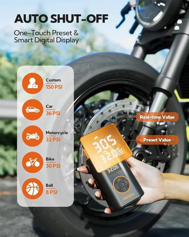 Alt view image 5 of 7 - Tire Inflator Portable Air Compressor, Mini Cordless Pump 3X Fast Inflation with Pressure Gauge, 150 PSI Rechargeable LED Light for Car Motorcycle Bikes Balls Swim Ring -