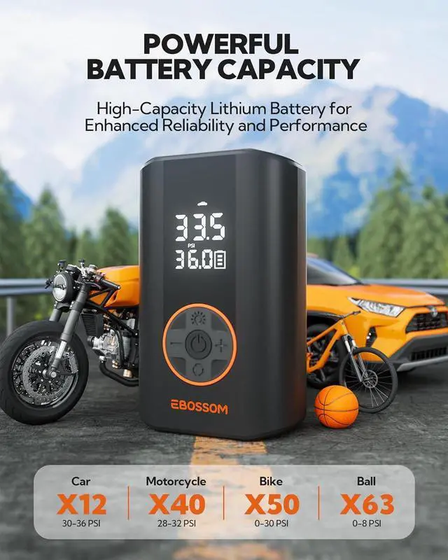 Alt view image 4 of 7 - Tire Inflator Portable Air Compressor, Mini Cordless Pump 3X Fast Inflation with Pressure Gauge, 150 PSI Rechargeable LED Light for Car Motorcycle Bikes Balls Swim Ring -