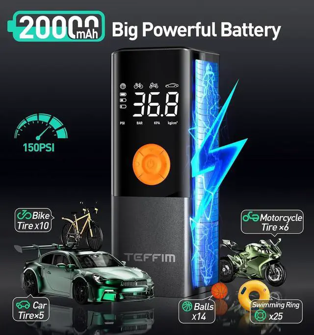 Alt view image 3 of 7 - Tire Inflator Portable Air Compressor, 150PSI20000mAh Battery Pump for Car Tires, 6X Inflate Motorcycle Balls Bike Pump,12DC with LED Light, Auto shut-off -