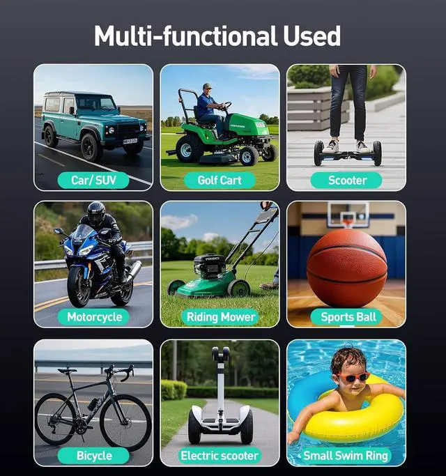 Alt view image 4 of 7 - Tire Inflator Portable Air Compressor, 150PSI20000mAh Battery Pump for Car Tires, 6X Inflate Motorcycle Balls Bike Pump,12DC with LED Light, Auto shut-off -