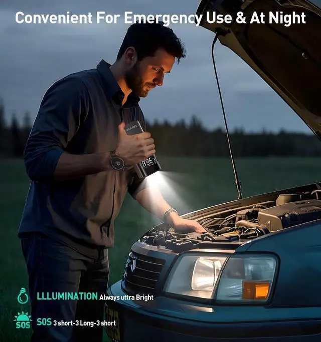 Alt view image 6 of 7 - Tire Inflator Portable Air Compressor, 150PSI20000mAh Battery Pump for Car Tires, 6X Inflate Motorcycle Balls Bike Pump,12DC with LED Light, Auto shut-off -