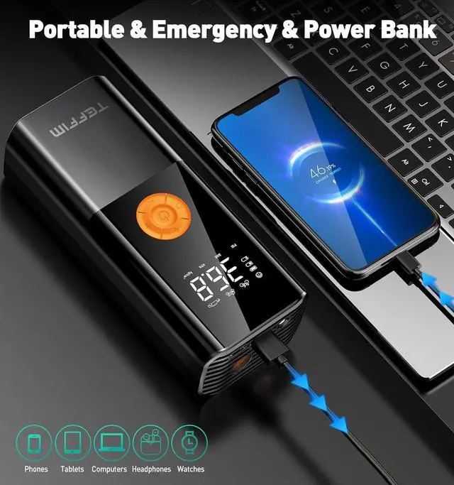 Alt view image 7 of 7 - Tire Inflator Portable Air Compressor, 150PSI20000mAh Battery Pump for Car Tires, 6X Inflate Motorcycle Balls Bike Pump,12DC with LED Light, Auto shut-off -