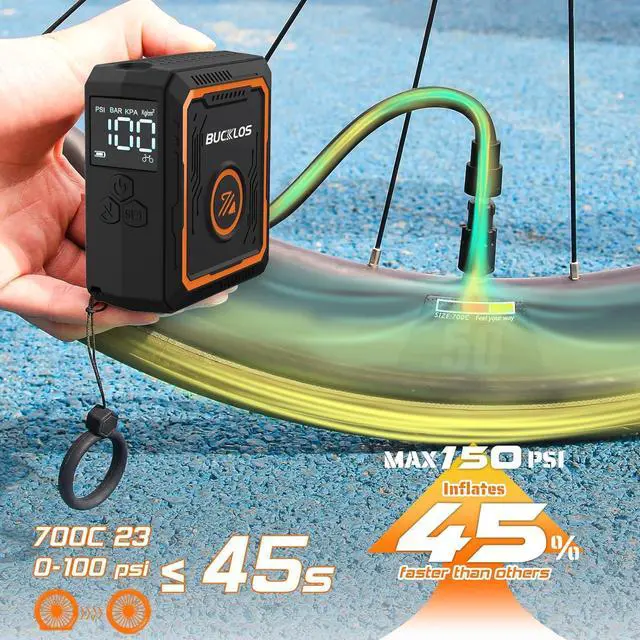 Alt view image 2 of 7 - Mini Bike Pump Electric Portable Max 150PSI with Digital Pressure Gauge, Tiny Bicycle Tire Auto Stop, Rechargeable Air Pumps, Presta and Schrader Valve for Road Mountain Bike, E-Bike  Black+Orange -