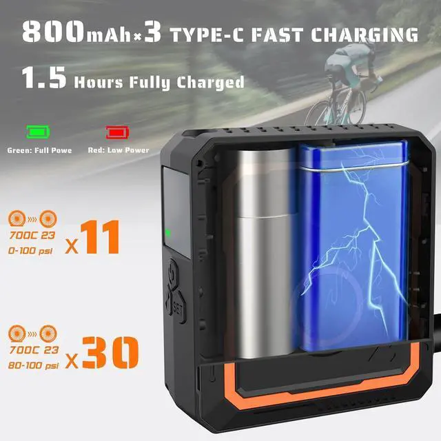 Alt view image 4 of 7 - Mini Bike Pump Electric Portable Max 150PSI with Digital Pressure Gauge, Tiny Bicycle Tire Auto Stop, Rechargeable Air Pumps, Presta and Schrader Valve for Road Mountain Bike, E-Bike  Black+Orange -