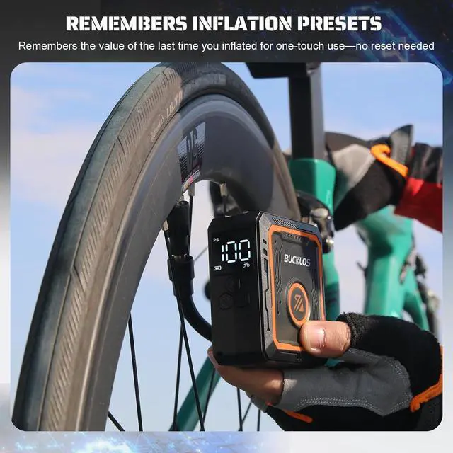 Alt view image 5 of 7 - Mini Bike Pump Electric Portable Max 150PSI with Digital Pressure Gauge, Tiny Bicycle Tire Auto Stop, Rechargeable Air Pumps, Presta and Schrader Valve for Road Mountain Bike, E-Bike  Black+Orange -