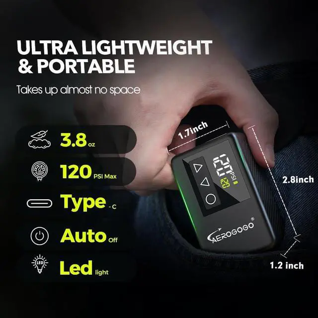 Alt view image 2 of 7 - 120 PSI Rechargeable Mini Bike Pump, Bicycle Pump with Digital Pressure Gauge, 3.8oz Portable Air Tire Inflator, Mountain,Presta & Schrader Valves,Preset Auto Shut Off Black -