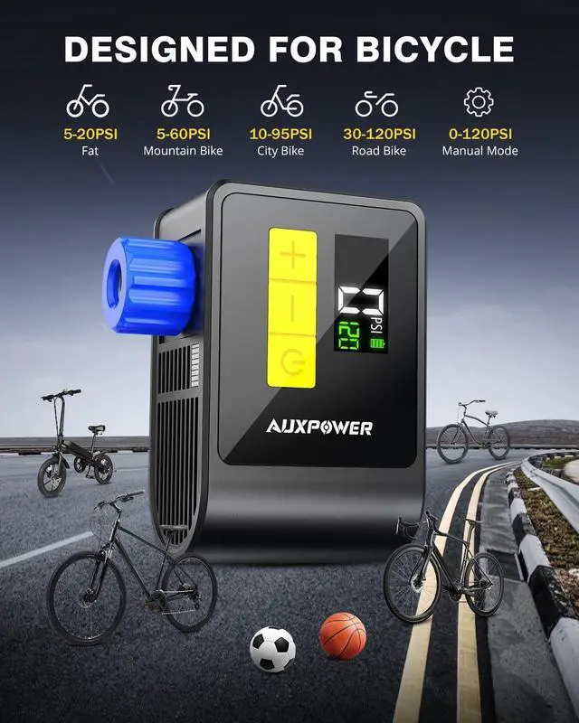 Alt view image 4 of 7 - BL03 Bicycle Pump with Pressure Gauge, 120PSI Electric Bike Presta and Schrader Valve, Auto Stop, Outdoor Camping Cycling for Road, Mountain, E-Bike Sports Balls blue -