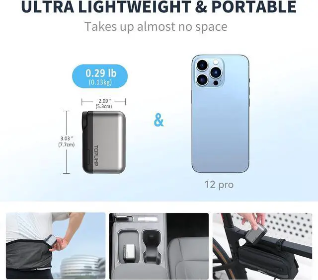 Alt view image 2 of 7 - Tiny Pump Mini Bike Tire with Gauge, 120PSI Portable Electric Bicycle Air Pump, Auto Stop, Type-C Rechargeable Battery Presta and Schrader Valve -